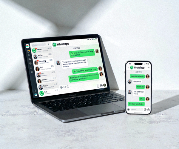 笔记本电脑和手机同时显示WhatsApp聊天界面的场景